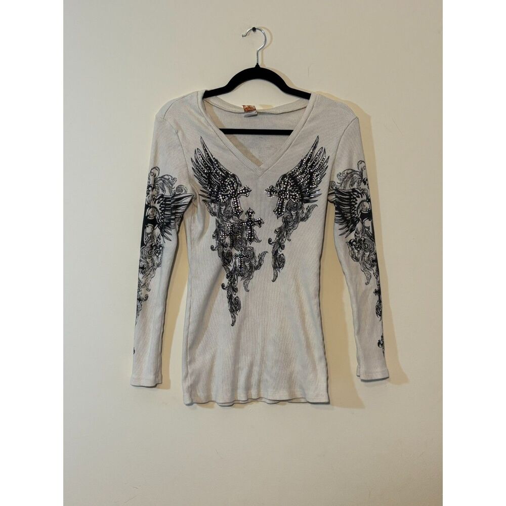 R. Rouge Rhinestone Cross Wings V-Neck Thermal Top Size 1X